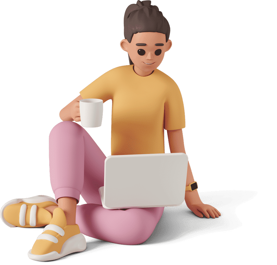 Femme 3d avec tasse de café et ordinateur portable